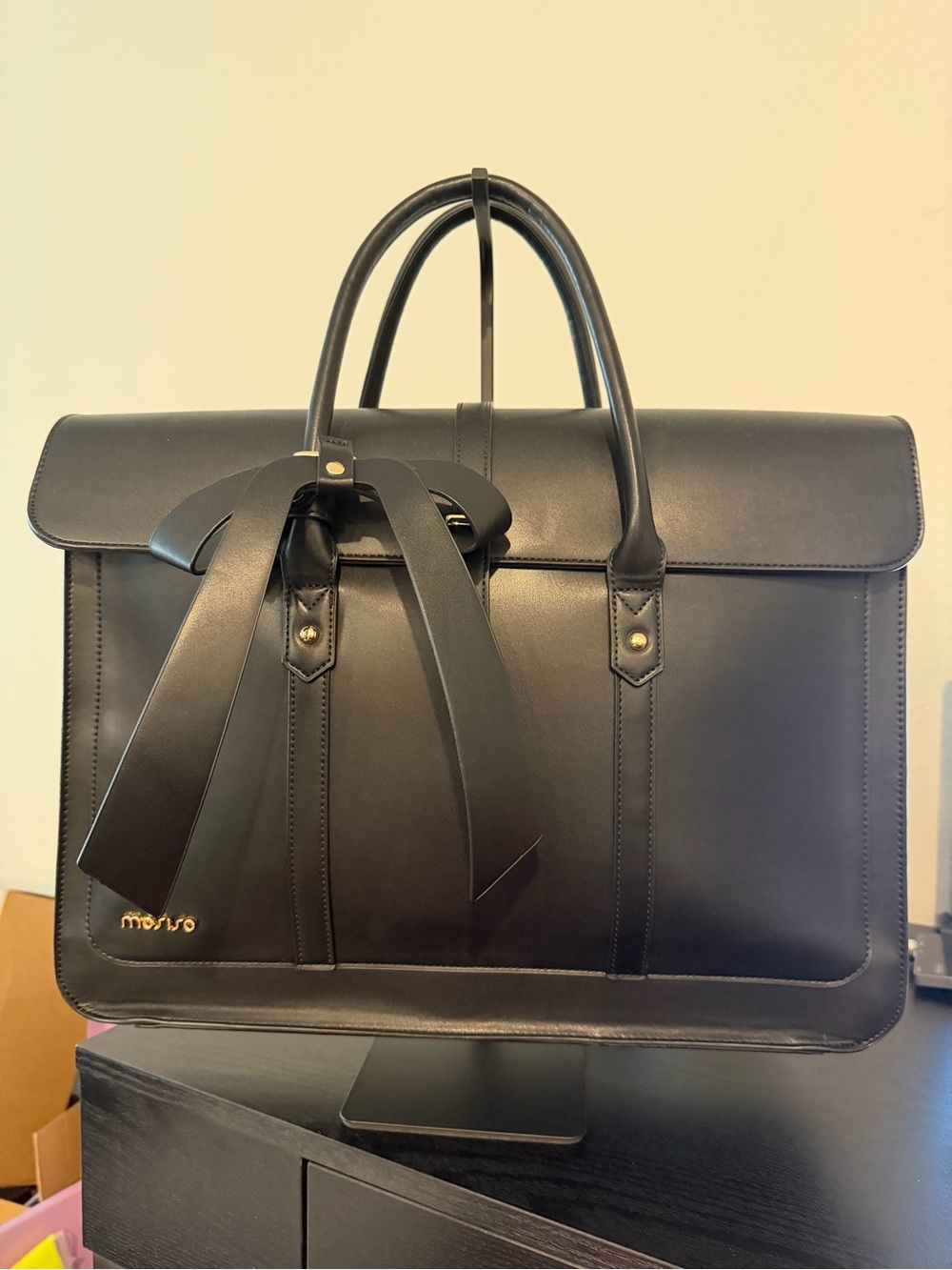 Mosun Black Leather Briefcase Tote with Decorative Bow